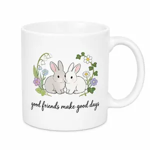 Cute Bunny Best Friends Coffee Mug, 11oz White Ceramic Cup with Floral Rabbit Design, Inspirational "Best Friends Make Good Days" Quote, Perfect Friendship Gift for BFF, Women, Easter & Everyday Use