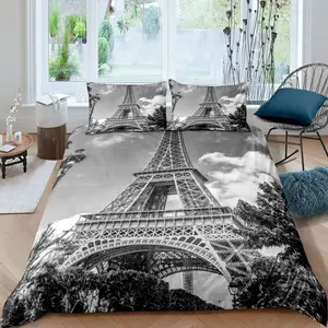 Feelyou Queen Size Duvet Cover - Vintage Paris Eiffel Tower Vivid Print, French Vibe Flat Weave Microfiber, Breathable Soft Bedroom Bedding Set Quilt Cover, Wall Decor Bedroom Accent (No Comforter)