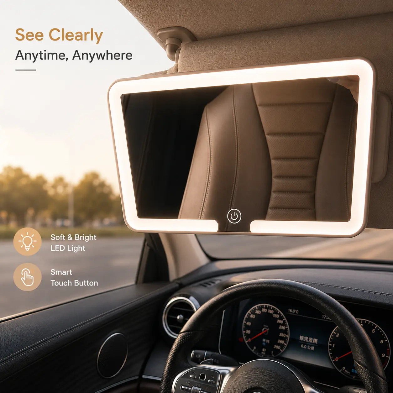 Car Interior LED Visor Mirror, HD Clear Glass, Magnetic Detachable, Rechargeable Tri-Color Light, Universal Fit for All Automobiles