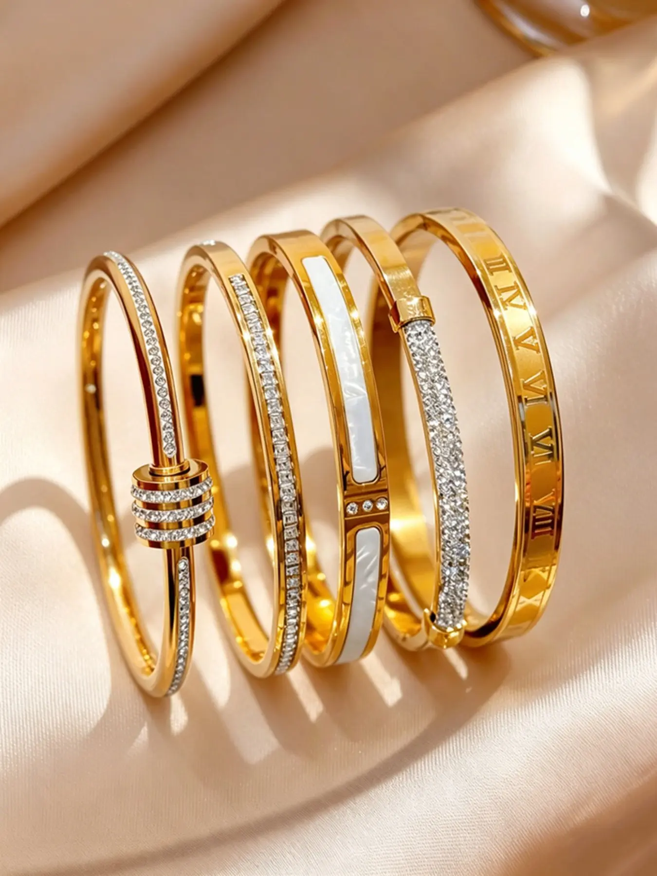 5 Piece Elegant Luxurious Zircon Stainless Steel Bangle Set, Roman Numerals Design, Women's Party Jewelry, Holiday Gift, Bangles Bracelets