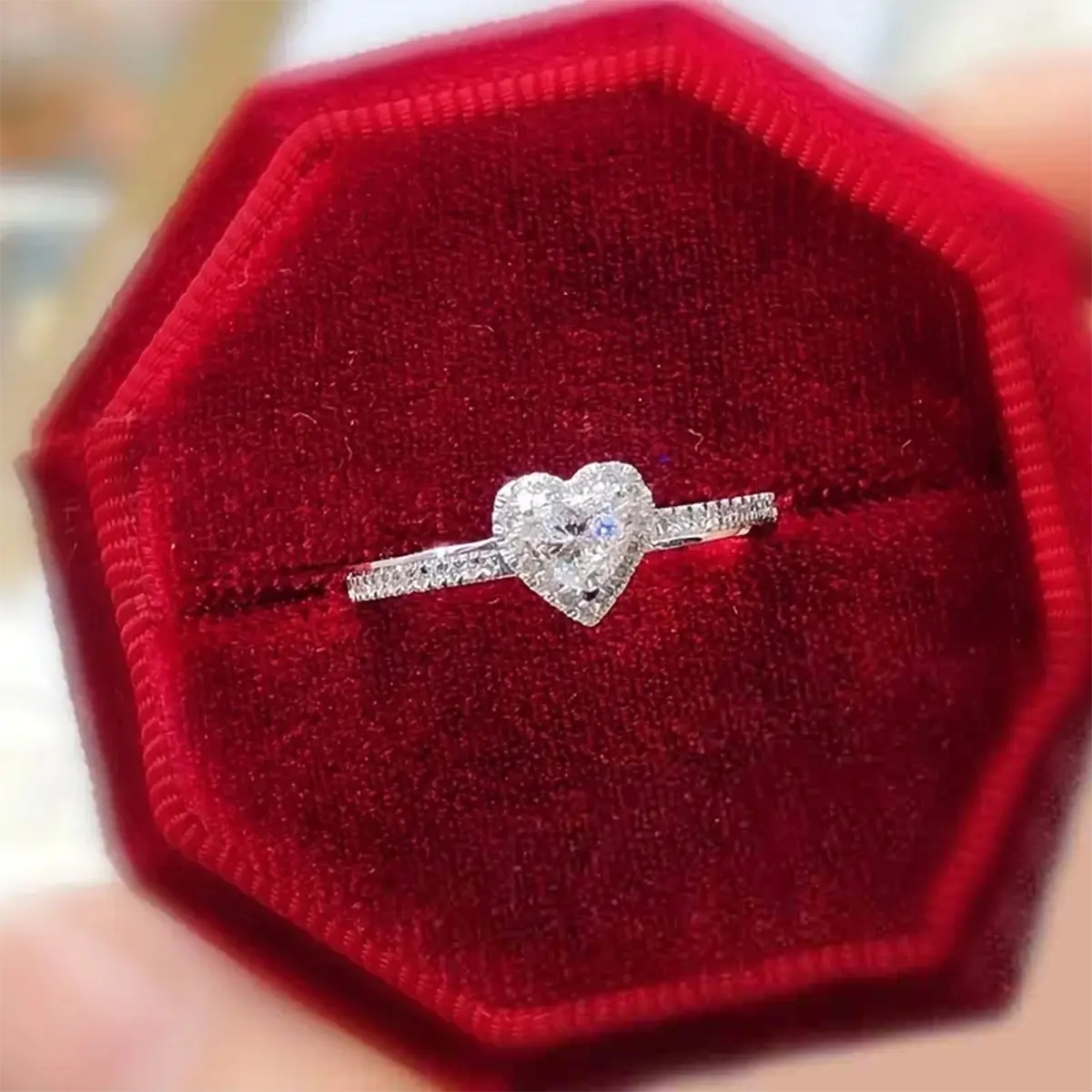 Heart-Shaped Engagement Ring for Women, Dainty Cubic Zirconia Halo with Pave Band, Romantic Proposal Jewelry, Accessories for Women, Gifts For Your Girlfriend, Romantic Gifts For Her, Halo Effect, Engagement Rings