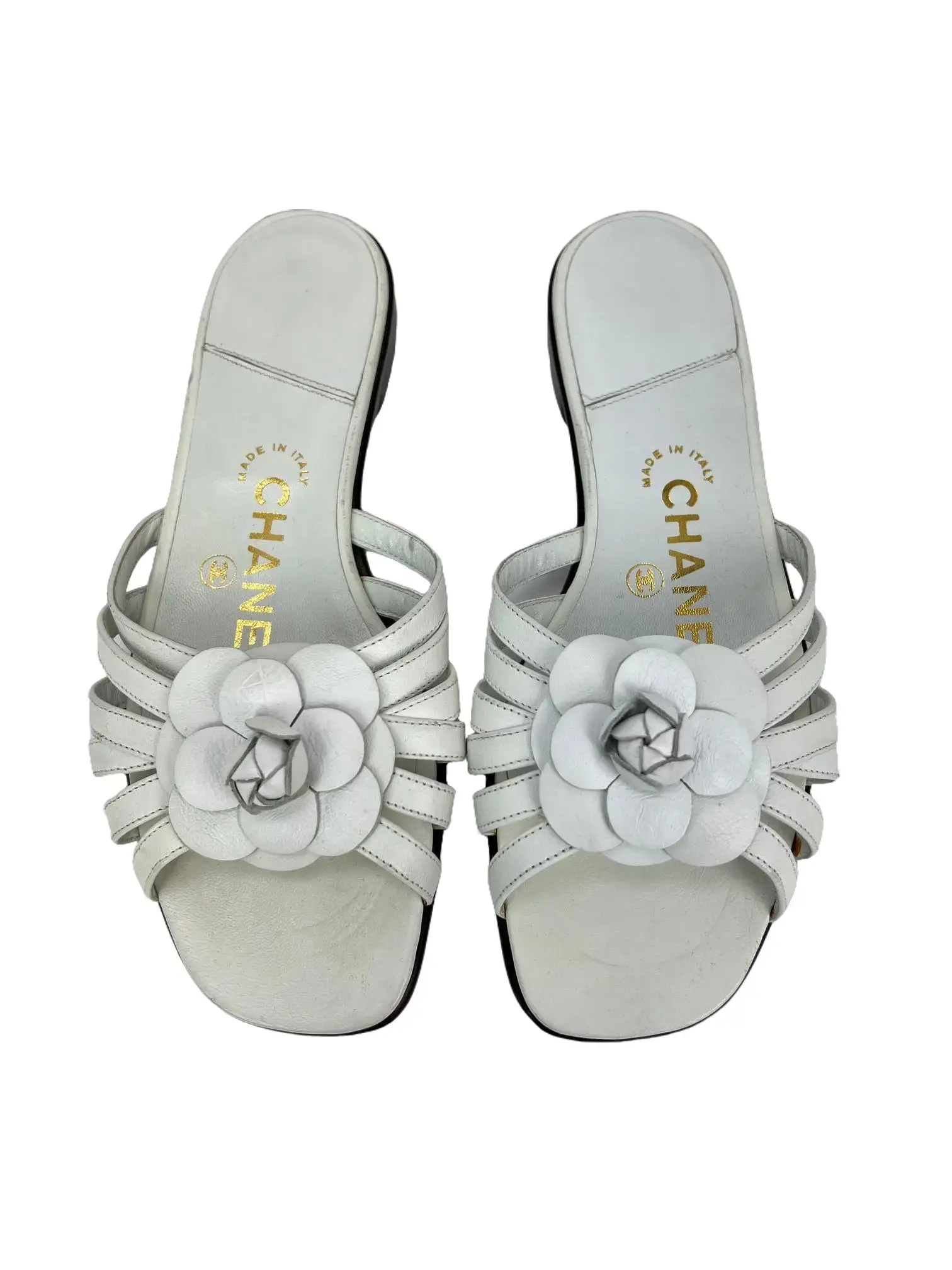 Chanel Cameilla White Leather Slip On Sandals, Footwear