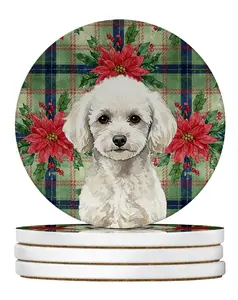 Carolines Treasures WDK8777RCS4 4 x 4 in. Toy White Poodle Christmas Poinsettias Large Sandstone Coasters, Pack of 4