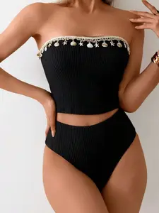 Seashell Starfish Decor Spaghetti Strap Bikini Set with High Waist Bottom for Summer Beach