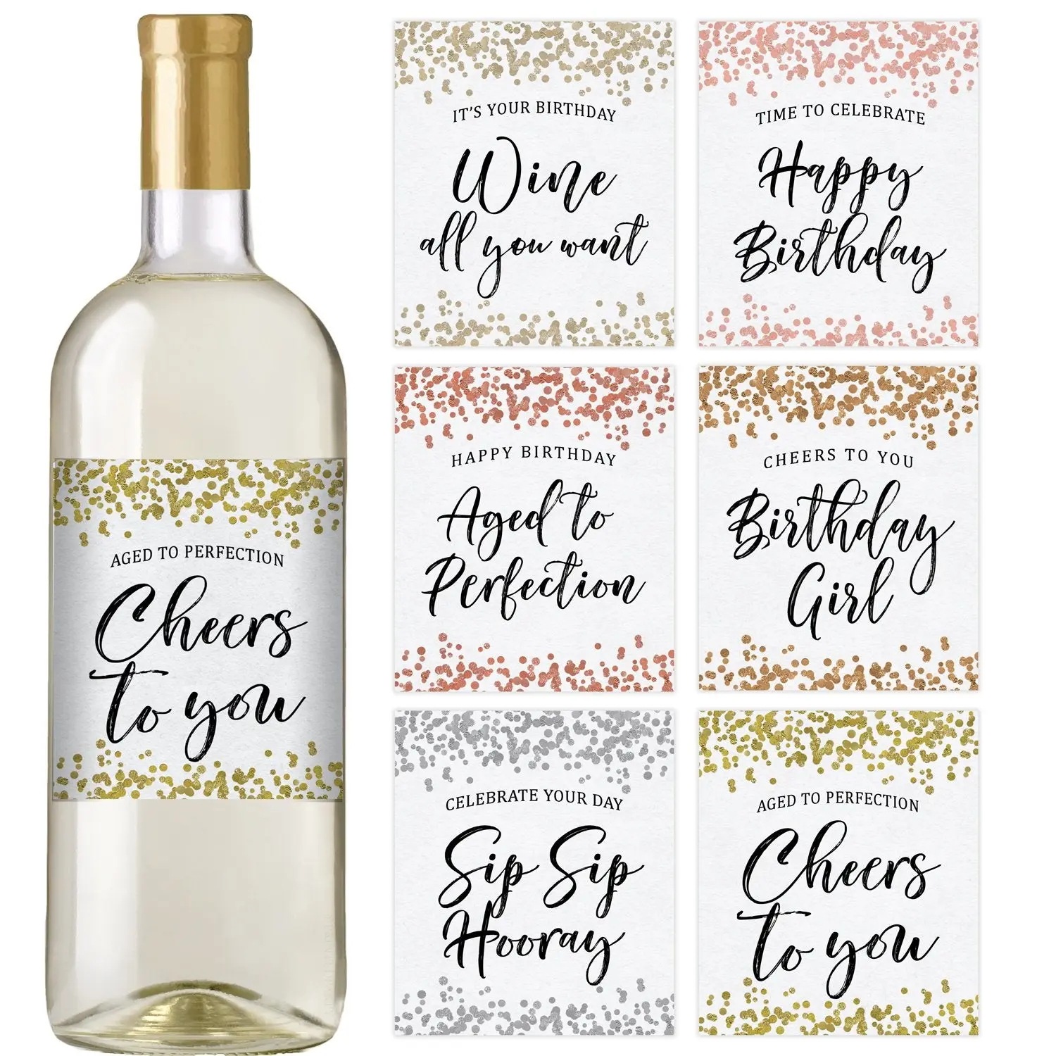 Adult Birthday Party Decoration – Waterproof Wine Bottle Labels, Black and Gold (Set of 6)