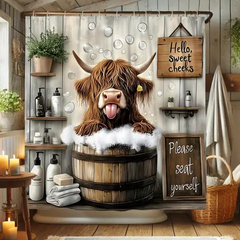 Cute Humorous Farmhouse Fabric Shower Curtain Set with Highland Cattle, Brown & Gray Artistic Design Shower Curtain, Machine Washable for Bathroom, Housewarming Gift, Includes Hooks