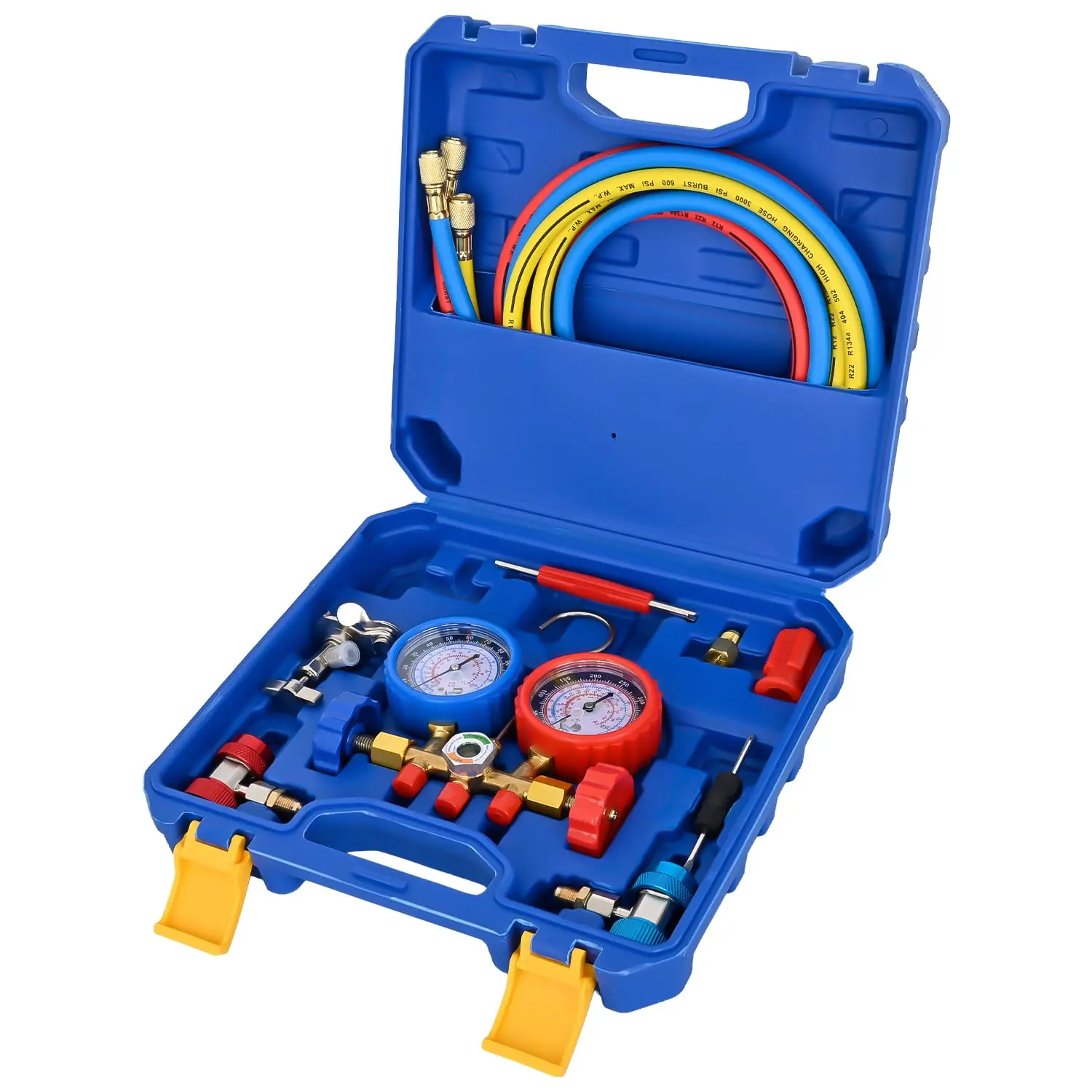 Nilight 3-Way A/C Manifold Gauge Set - Solid Brass Auto HVAC Diagnostic 3-Way Gauges, Adjustable Couplers, 5FT Hoses, Universal Can Tap, Easy Setup, Universal Fit for R134a, R12, R22, R502 Refrigerant Recharge & HVAC Repair, 3-Way Gauge