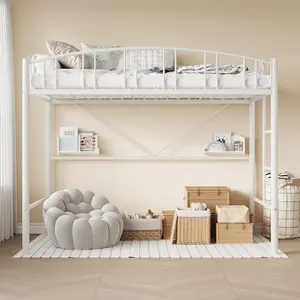 Twin Size Heavy-Duty Metal Loft Bed Frame - Arched Rail, Safety Ladder, Space-Saving Design, No Box Spring Needed, Modern White Unique Bedroom Furniture