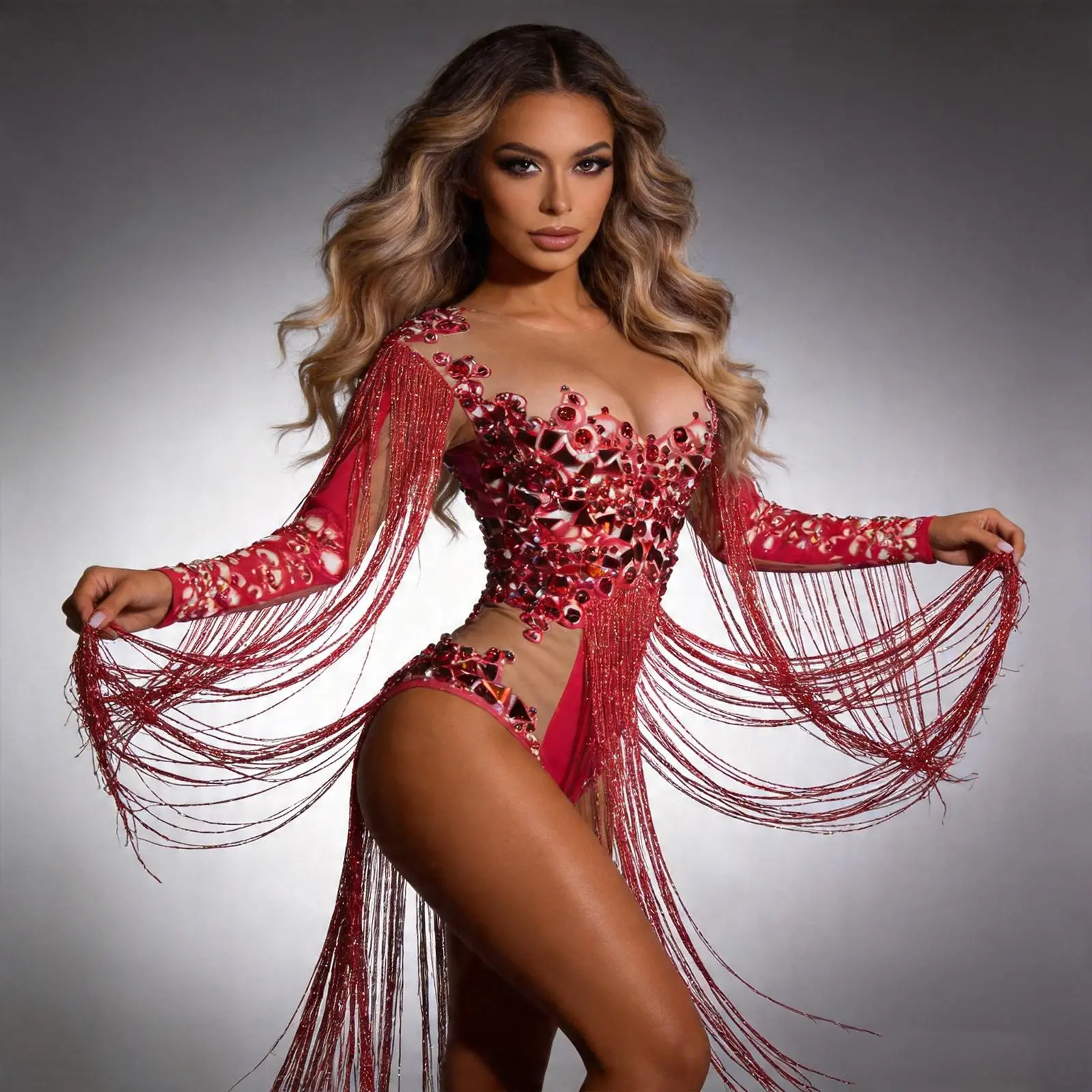 Women's Red Rhinestone Bodycon Jumpsuit, Lightweight Sheer Mesh Long Sleeve Bodysuit with Cutouts and Dynamic Tassels for Party & Festival Wear, Style, Body Contouring, Slim-Fit, Fitted, 36-42 Inch, Costumes, Elegance, Stretchy, One Size Fits Most