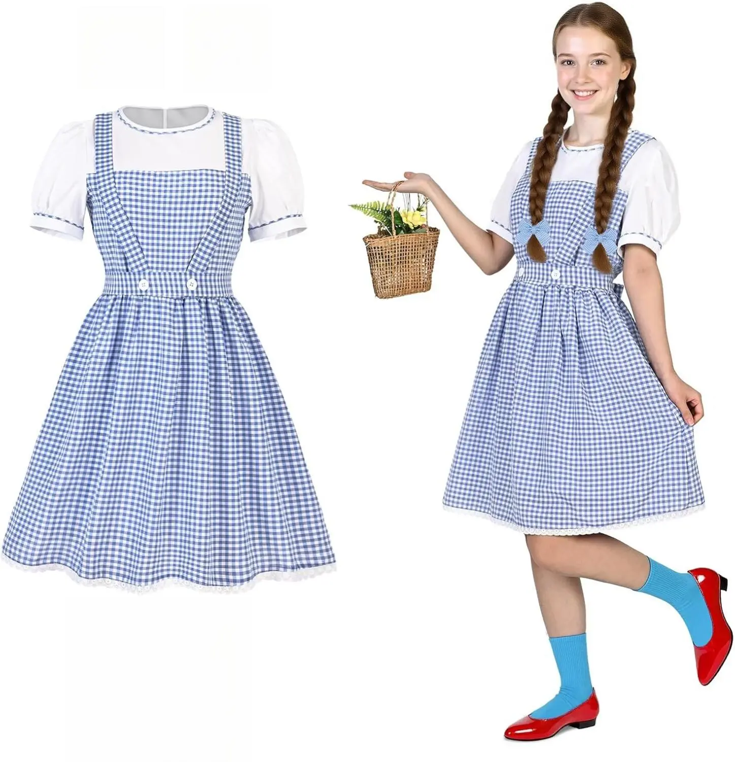 Halloween Dress Costume,Women's Long Blue Plaid Dress,Suitable for Party, Holiday, Dating, Daily Wear,Costume Play