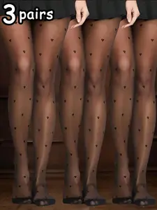Women's Sexy Versatile 20D Heart Pattern Sheer Stockings, Fitted Plain Design, Casual Style, 3 Pairs Pack, Perfect for Any