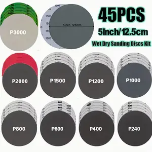 45pcs 5-Inch Dry/wet Sandpaper Sheets, Grind Range 240-3000 Grain, Suitable for Random Orbit Sander, Car Metal Polishing, Wall Repair