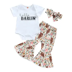 Western Baby Girl Bell Bottoms Outfit Short Sleeve Romper Onesie Pants Headband Spring Western Baby Girl Clothes Set