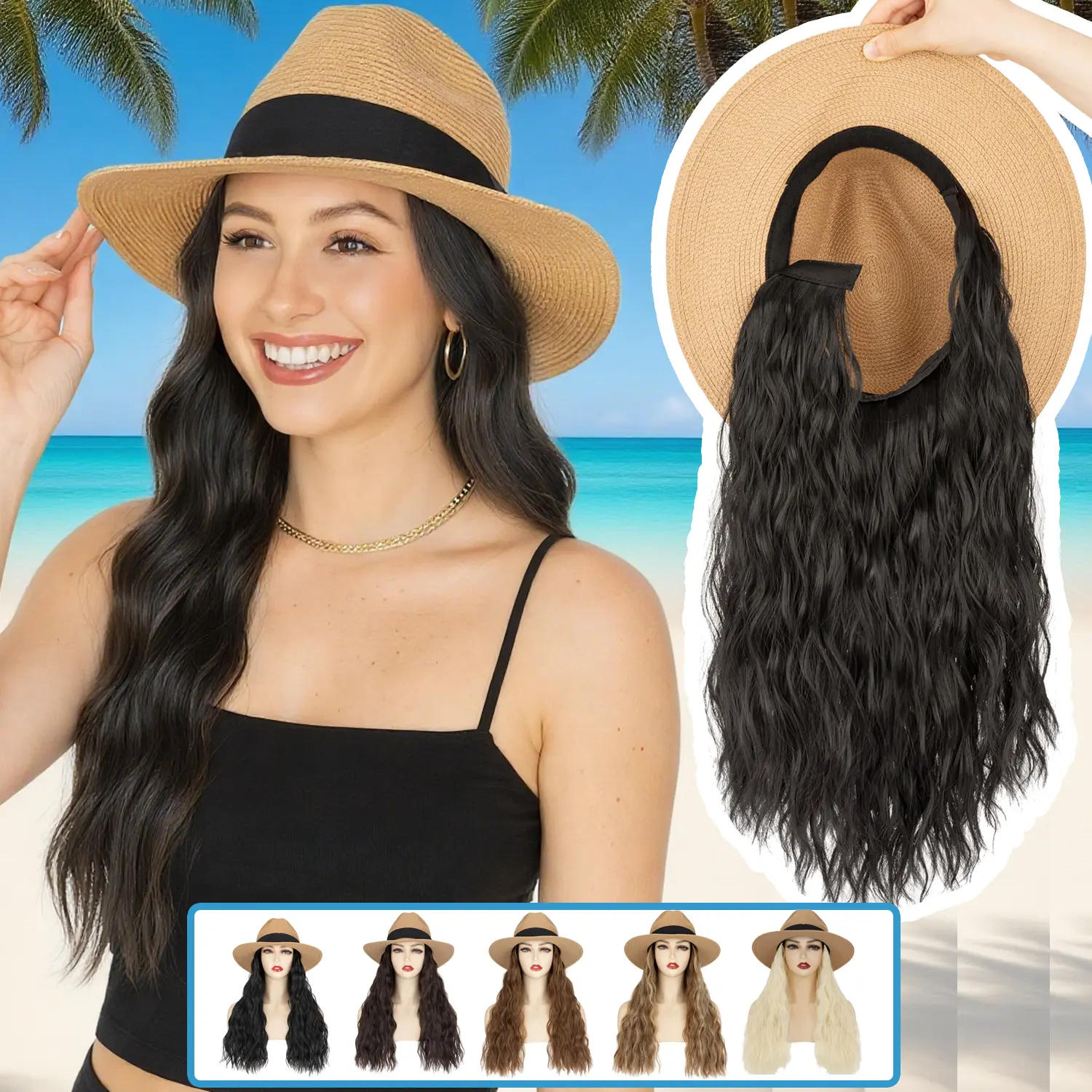 16-in Straw Hat Curled Synthetic Wig - Soft Wave, Glueless Detachable Magic Tape Synthetic Fiber Hairpiece, Beachwear Hair Cap for Summer Travel