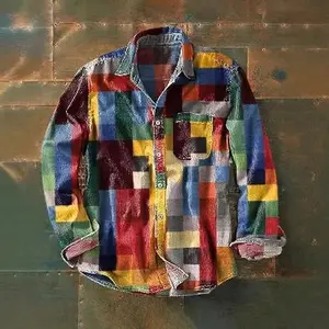 Retro-style color matching printed men's long-sleeved button-up shirt
