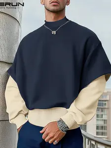 INCERUN Men's Fashion Casual Streetwear Polyester Patchwork Long Sleeve T-Shirt, Fake Two-Piece Design Pullover Top, Perfect for Daily Wear, Comfortable and Stylish