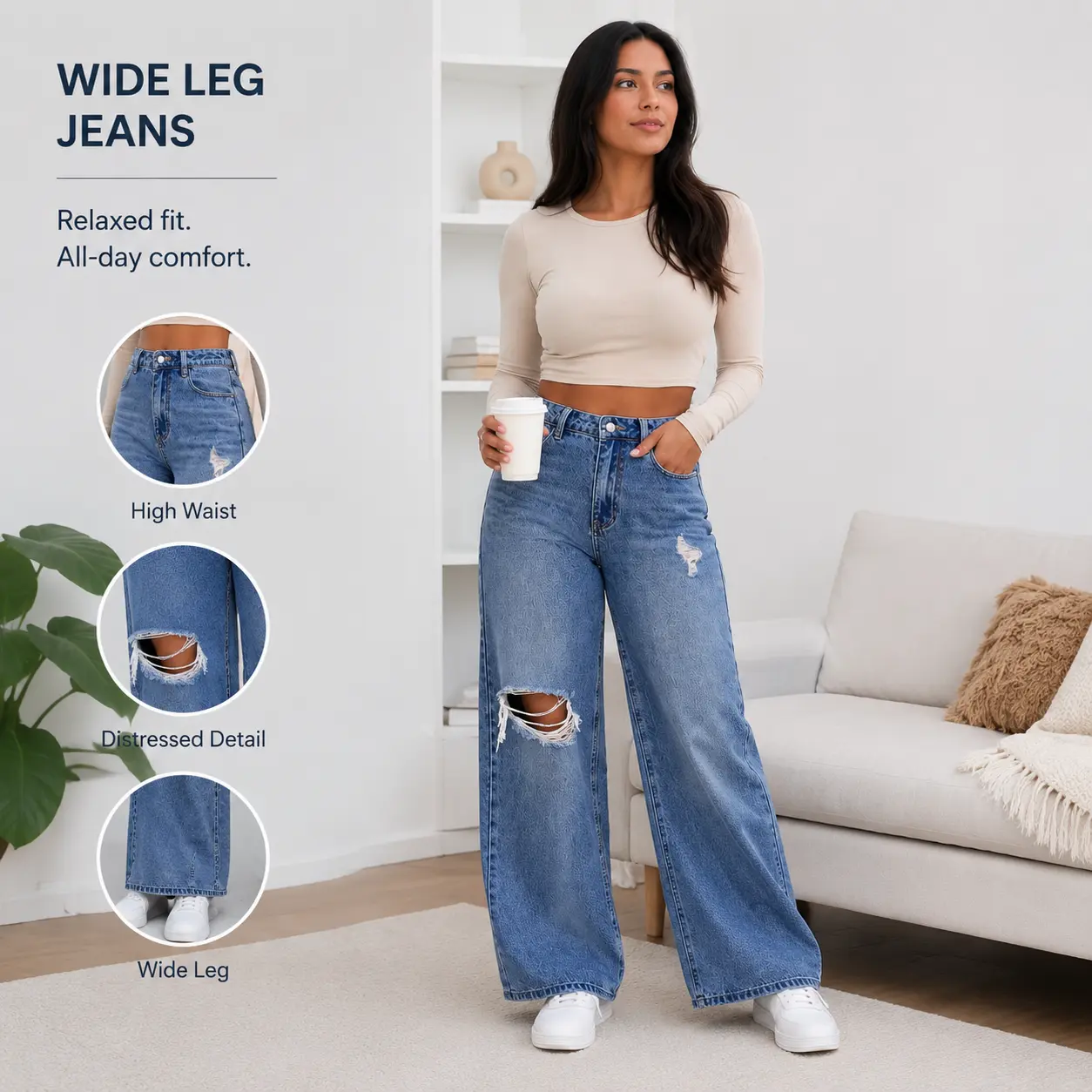 Women's Classic Blue Mid-Waist Cotton Blend Distressed Minimalist Basic Jeans - Streetwear Trouser Long Pants for All Seasons, Commuting
