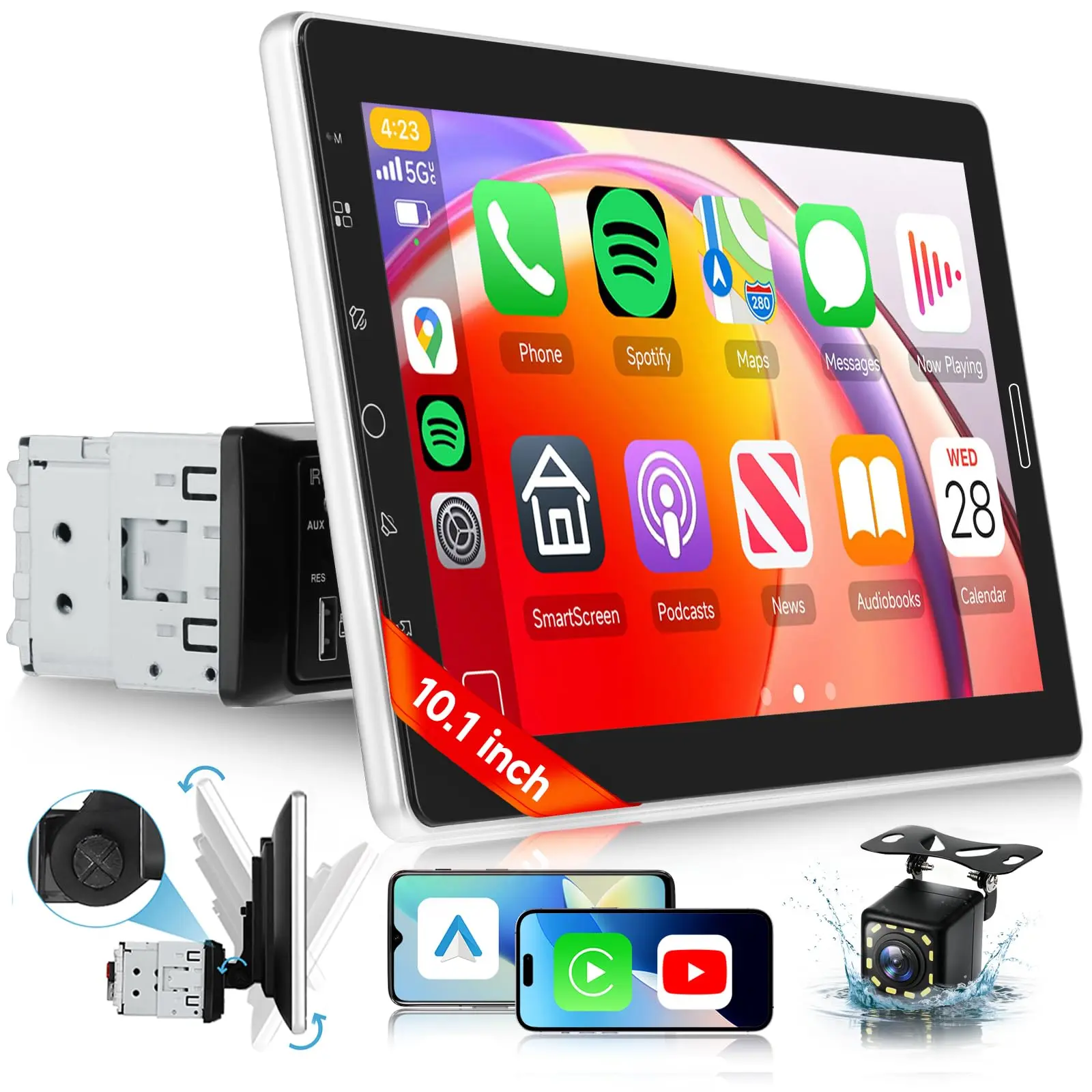 10.1 inch Single Din Detachable Car Stereo with AM/FM/RDS Wireless Carplay Android Auto,Touchscreen Single Din Radio with Youtube Bluetooth EQ SWC Backup Camera+USB/TF Card/Aux Ports