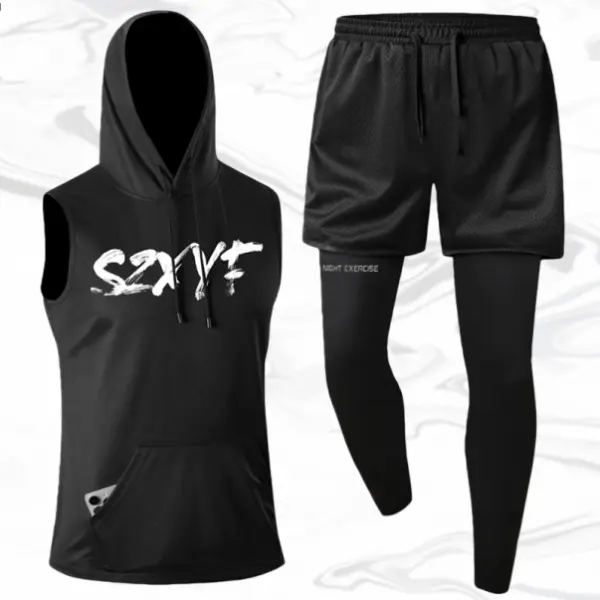 Men's 3-Piece Quick-Dry Menswear Sports Clothing Set - Male Running Outfit with Breathable Polyester, Letter Print, Hooded Top, Sleeveless Layered Shorts, Pocketed Fitted Pants, Layered Look Tank Tops