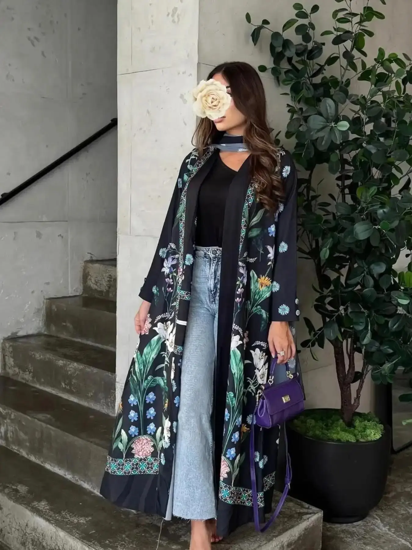 Chic Elegant Muslim Women Floral Print Open Front Kaftan Boubou Robe Set with Scarf In Style, Stylish Comfortable Long Dress for Daily Wear, Casual Islamic Fashion Clothing, Full Outfit, Wardrobe Staple, Loungewear