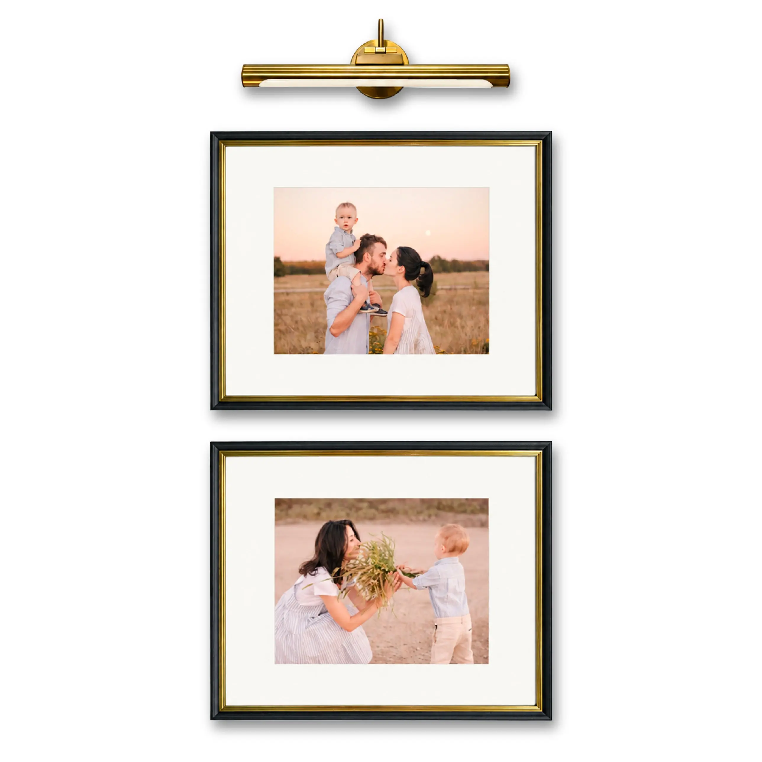 Heritage 3-Piece Gallery Wall Set with Rechargeable Picture Light – Two 16x20 Black & Gold Frames Matted to 11x14, Wireless Magnetic LED Art Light with Remote, Dimmable, Hanging Template Included