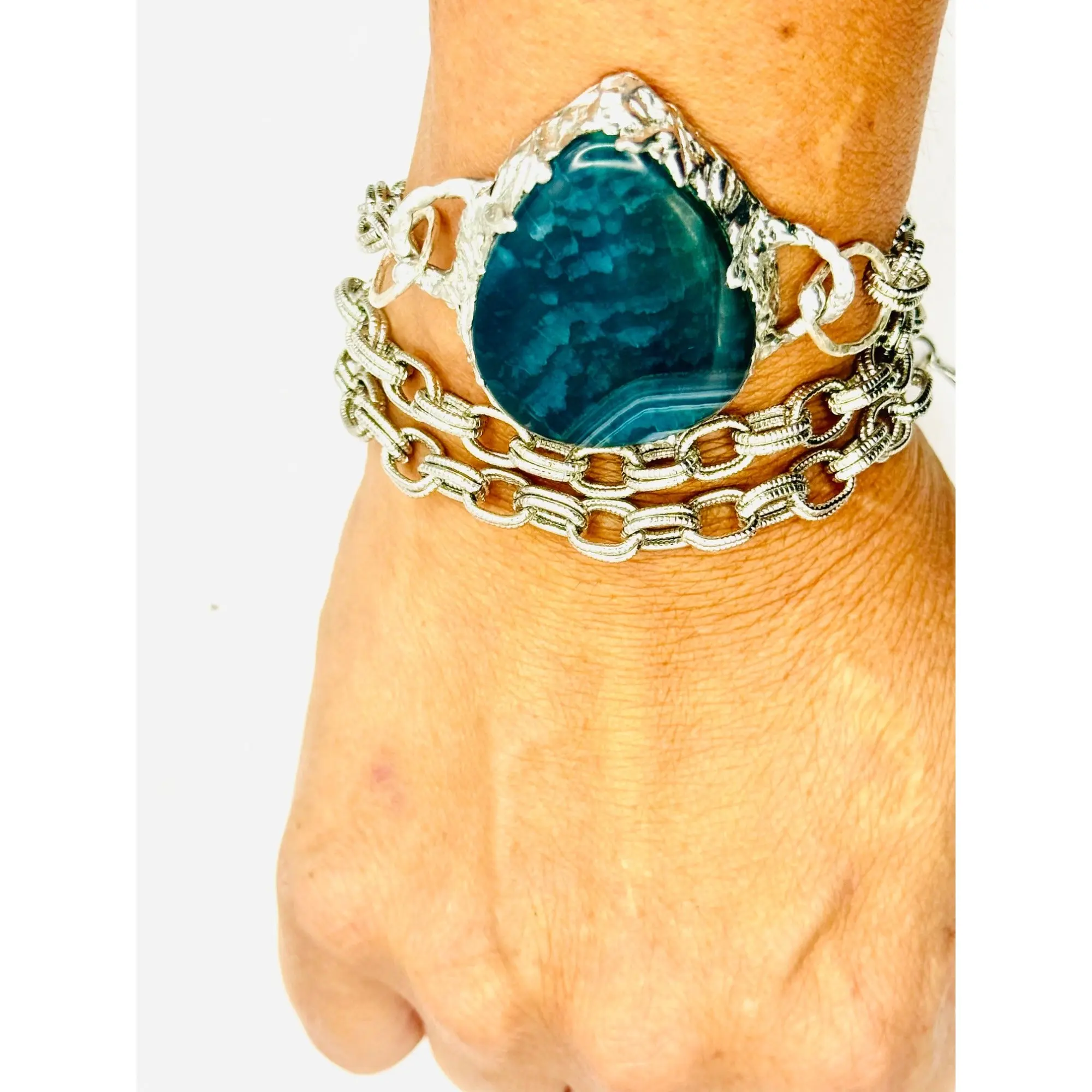 Moss Agate Pendant - Mystic Indian Cabochon Silver Frame 2-in-1 Necklace Bracelet