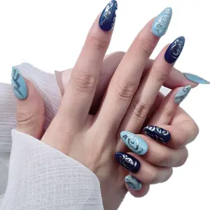 Luxury Hand drawn Press-On Nails Short Almond 100% Handcrafted 3D Press on Nails Reusable Long-Lasting Salon-Quality