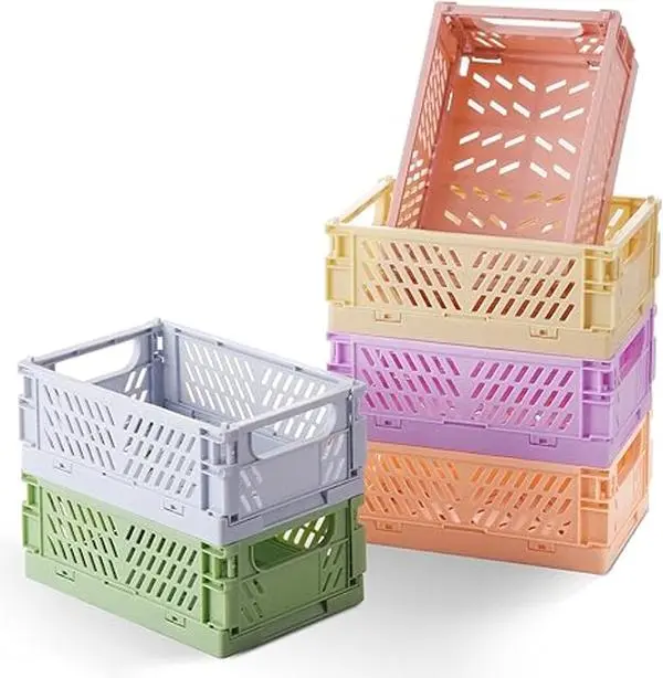 summerwins 6-Pack Small Pastel Plastic Organizer Storage Baskets, Collapsible Crates, Space-Saving Mini Bins (5.8" x 3.8" x 2.2") for Sports & Outdoor Hat Organization, Classroom Use
