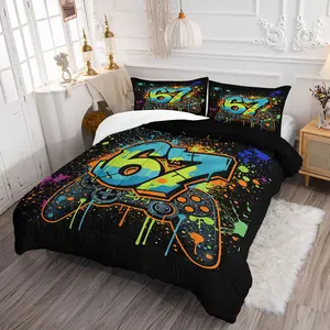 2/3PCS Gamer 67 Graffiti Comforter Set, Cool Game Controller Comfy Printed Bedding Set with Pillowcases, Vibrant Spray Paint Digital Print Quilt for Teen Boys, Kids Bedroom, Dorm, Gaming Room, Soft All-Season Bed Set