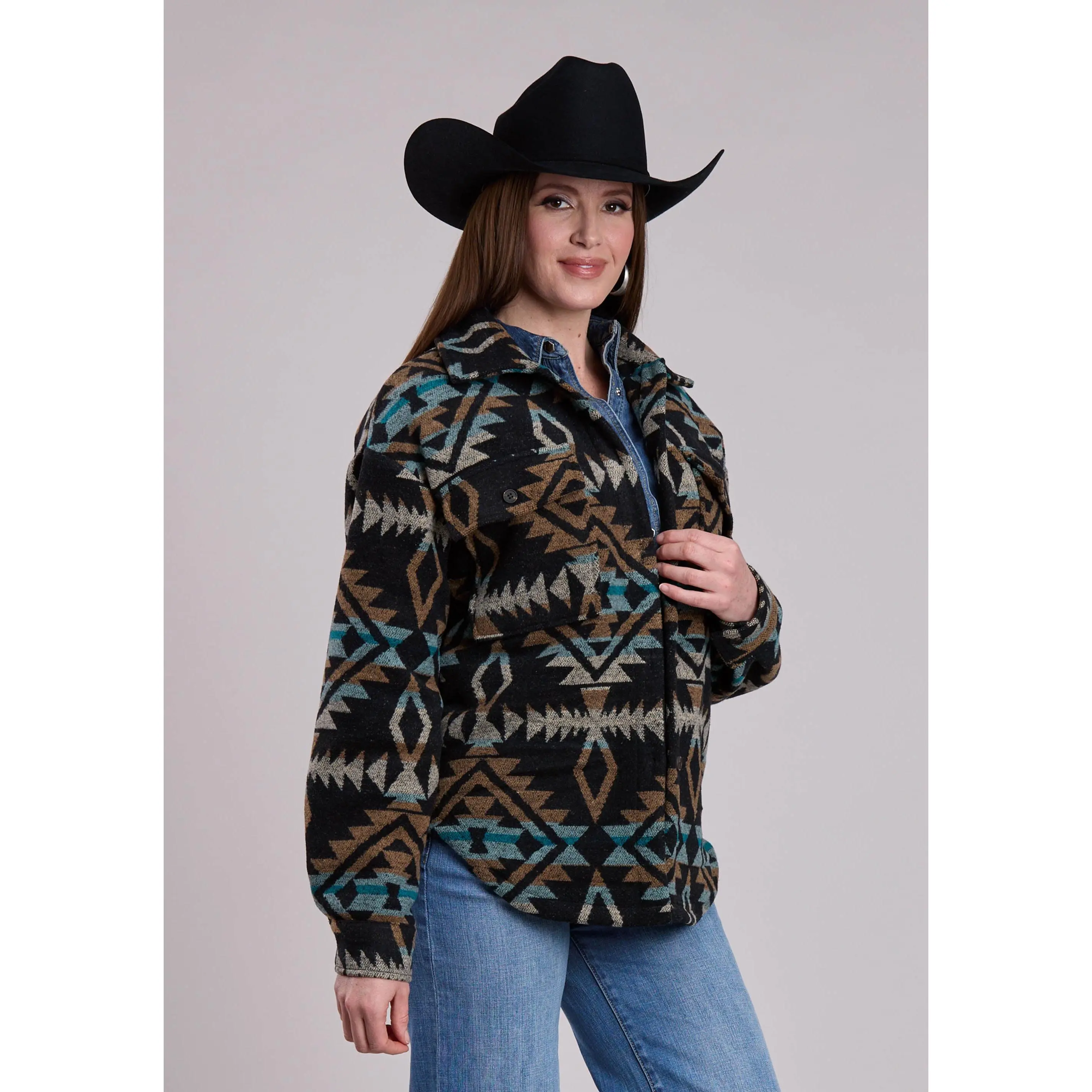 Womens Roper Woven Aztec Black Turquoise  Brown Shirt Jacket