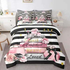 Pink Fashion Comforter Set,Modern Inspirational Quotes Women Abstract Black White Stripes Bed in a Bag,7 Piece Bedding Set Breathable Soft Blanket