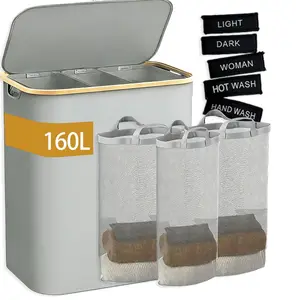 Laundry Hamper with Lid, 160L Tall Laundry Baskets with Bamboo Pull Handles, Large Laundry Bin with Internal Support