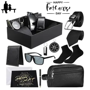 Fathers Day Gift 12 Pcs Men Birthdays Gift Set with Box for Men Dad Basket PU Leather Wallet Leather Toiletry Bag Tie Socks Belt Keychain Sunglasses Pen Compass Set for Father's Day