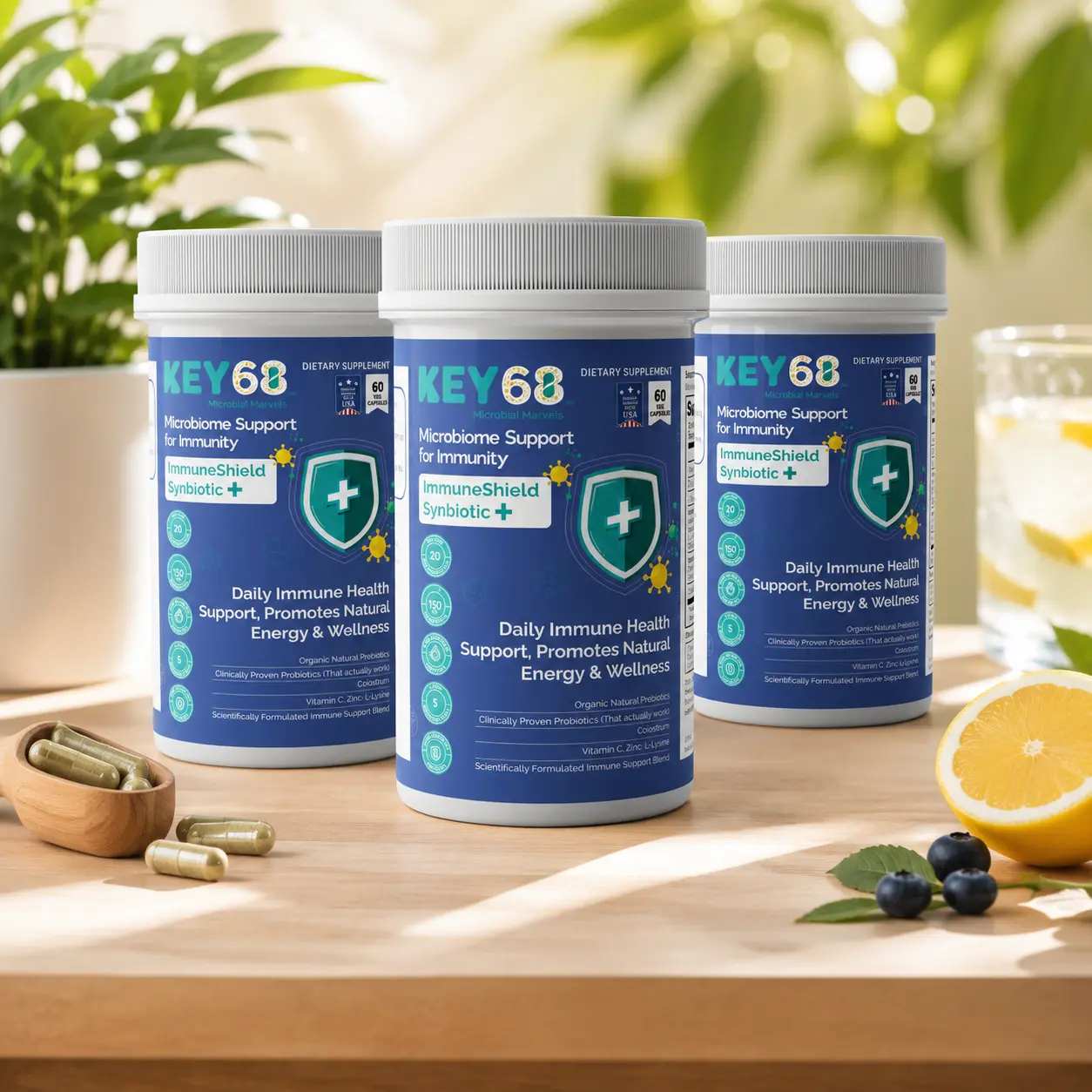 KEY68 Probiotic Supplement for Men & Women, 20B CFU Advanced Prebiotics & Probiotics with 25% IgG Colostrum, Vitamin C, Zinc & L-Lysine, Delayed-Release Capsules, 60-Count Dietary Supplement
