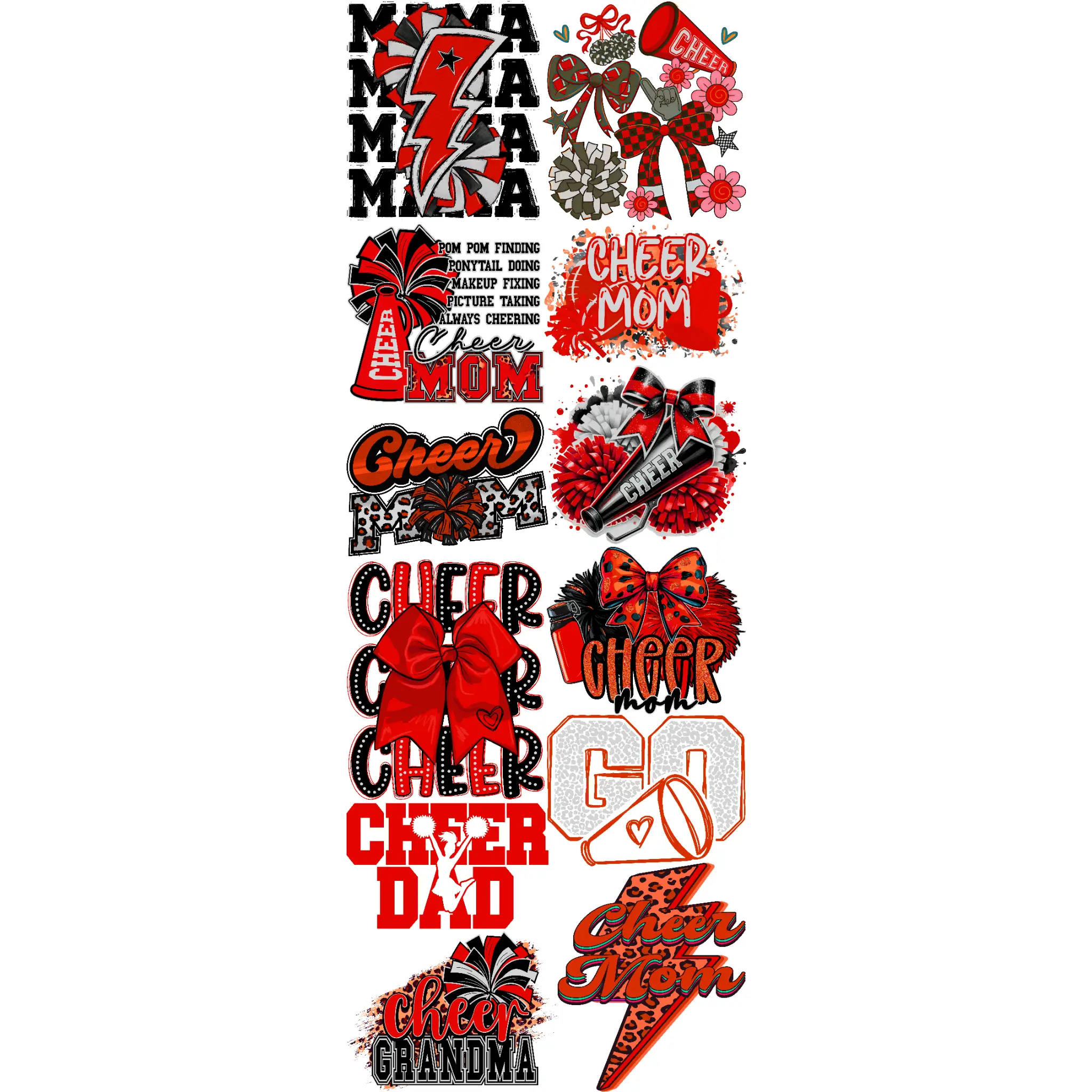 Gangsheet Kings Pre-Made Cheerleading DTF Transfers - Red, 12 Full-Size 22x60 in, Ready-to-Press, Cheer Moms Friendly