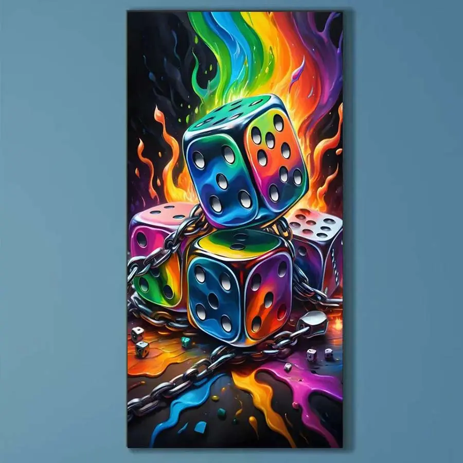 5D DIY Full Drill Round Diamond Painting - Diamond Art Kit Colorful Dice, Flame, Chain Mosaic, Canvas - DIY Decor Painting, Home Wall Decor, Perfect for Halloween, Christmas, Independence Day, Birthdays, and Anniversary Gifts.