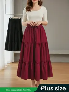 Women's 2 Piece Set, Casual Fitted Long Skirt with Layered Ruffles, Thin Woven Fabric, Plain Pattern, All Seasons Wear