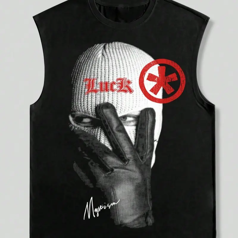 Men's Regular Fit Balaclava & Money Print Graphic Tank Top, Casual Street Summer Sleeveless Top for Daily Wear, Menswear for All Seasons