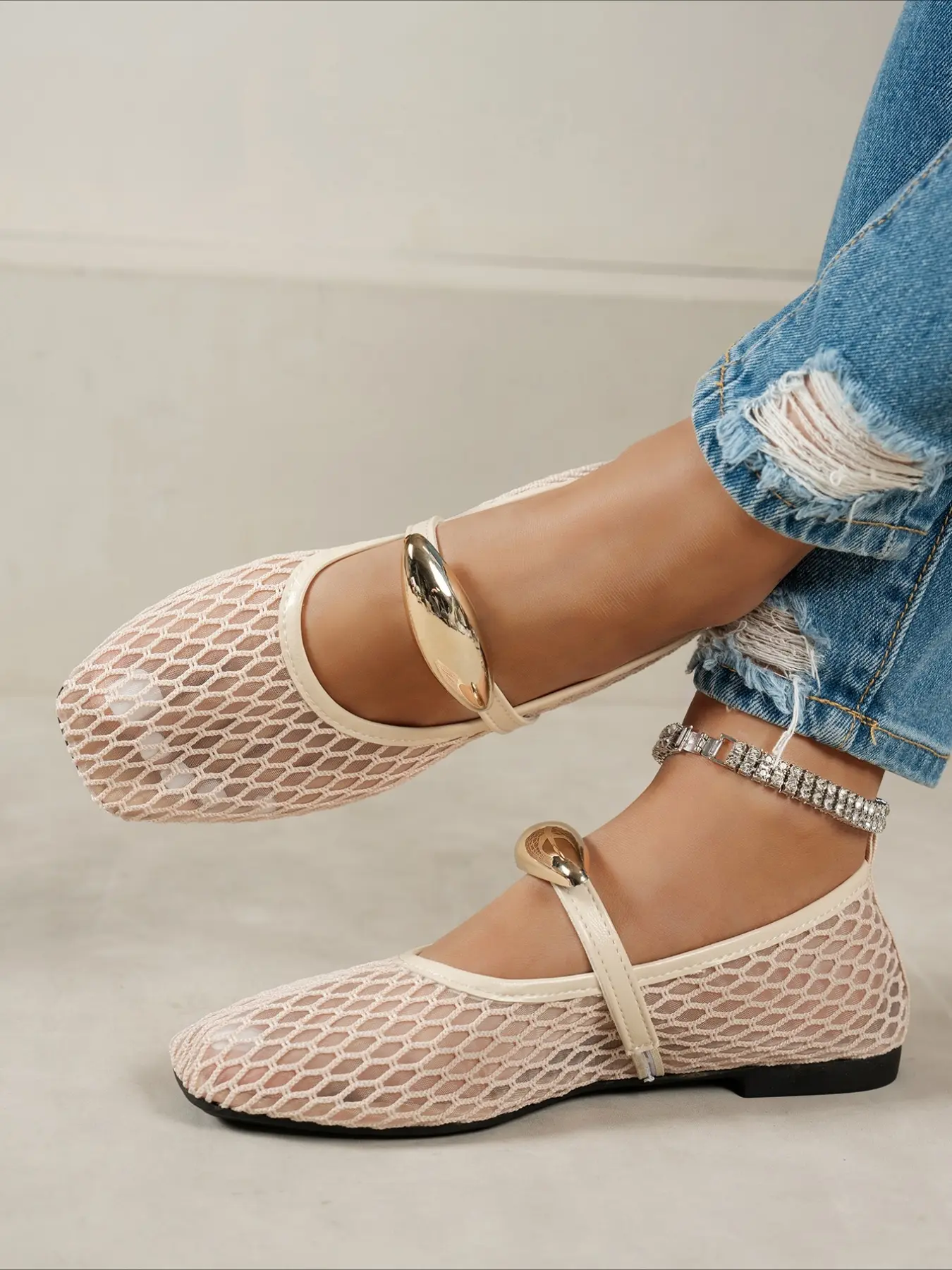 Women's Retro Square Toe Mesh Flat Shoes, Summer Breathable Ankle Strap Loafers, Versatile Soft Sole Commute Shoes, Shoes Flats