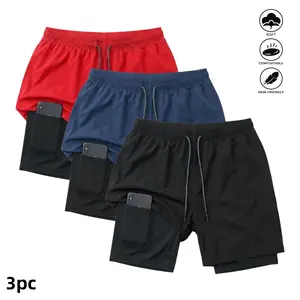 Unisex 3 Pack 2 in 1 Workout Shorts with Phone Pocket Double Layer Athletic Running Gym Activewear Summer Outfit Sweet Wear Quick Dry Training Compression Liner Sports Fitness Shorts
