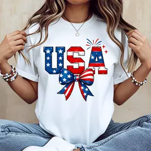 Usa Flag Stars And Stripes Bow Print T Shirt White Casual Loose Fit For Everyday Wear And Outdoor Activities