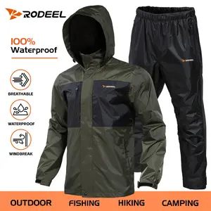 【RODEEL】702 Waterproof Jacket and Pants Set Men Lightweight Breathable Full Zip Hooded Rain Coat Durable Rain Suit Weatherproof Rainwear Windbreaker For Outdoor Sports Hiking Camping Fishing Boating Construction Landscaping Gardening, Holiday Gift