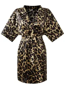Women's Leopard Print Belted Fitted Robe, Casual V Neck Wrap Robe, Soft Comfortable Nightgown for All Seasons