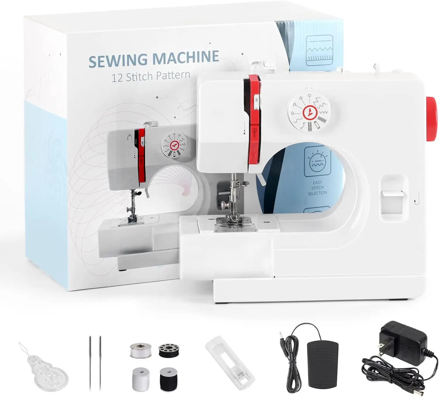 Mini Sewing Machine for Beginners & Kids - 12 Built-In Stitches, Adjustable Speed, Handheld, Red (Textiles & Sewing Supplies)