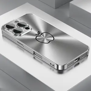 Minimalist Business Silver Metal Texture Line Print Apple Pattern Electroplated Glass Phone Case with Lens Protection for iPhone 16/16Pro/16ProMax/16Plus, 15/15Plus/15Pro/15ProMax, 14/14Plus/14Pro/14ProMax, 13/13Pro/13ProMax, 12/12Pro/12ProMax, 11/11Pro/1