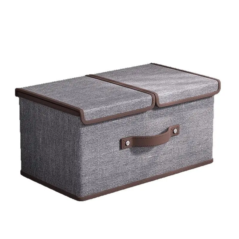 XXL Foldable Linen Fabric Storage Box Organiser - 30L-40L,  Japanese Look Bedroom Closet Organizer, Collapsible Dustproof Bin with Dual Lids, Solid Wood Flip-Top, Thick Build, Handles, Wheels, Strap, Wardrobe Dividers,home organizer box, Collapsible Stora