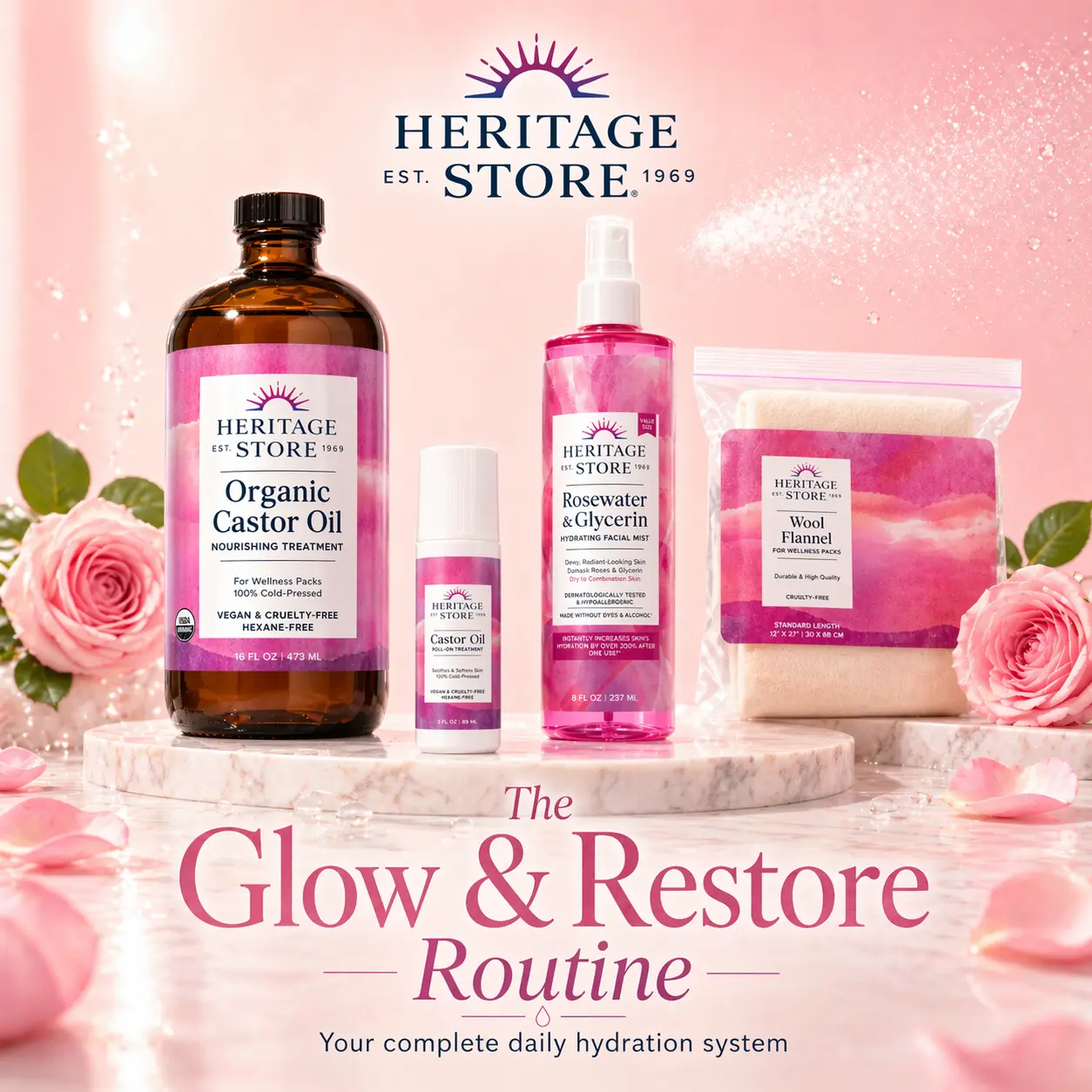 The Glow & Restore Routine | Complete Hydration System for Soft, Glowing Skin | Organic Castor Oil 16oz  + Rosewater Glycerin Mist (8oz)+ Castor Oil Roll-On (3oz) + Flannel Kit