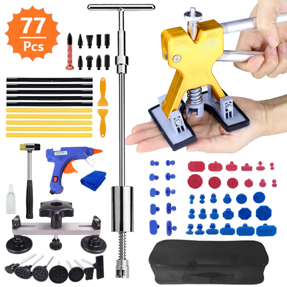 Paintless Dent Repair Tool Kit 77pcs Car Dent Puller with Hot Melt Adhesive for Auto SUV Motorcycle Small Dents Vehicle Repair Kit 17cm x 13.5cm x 8cm