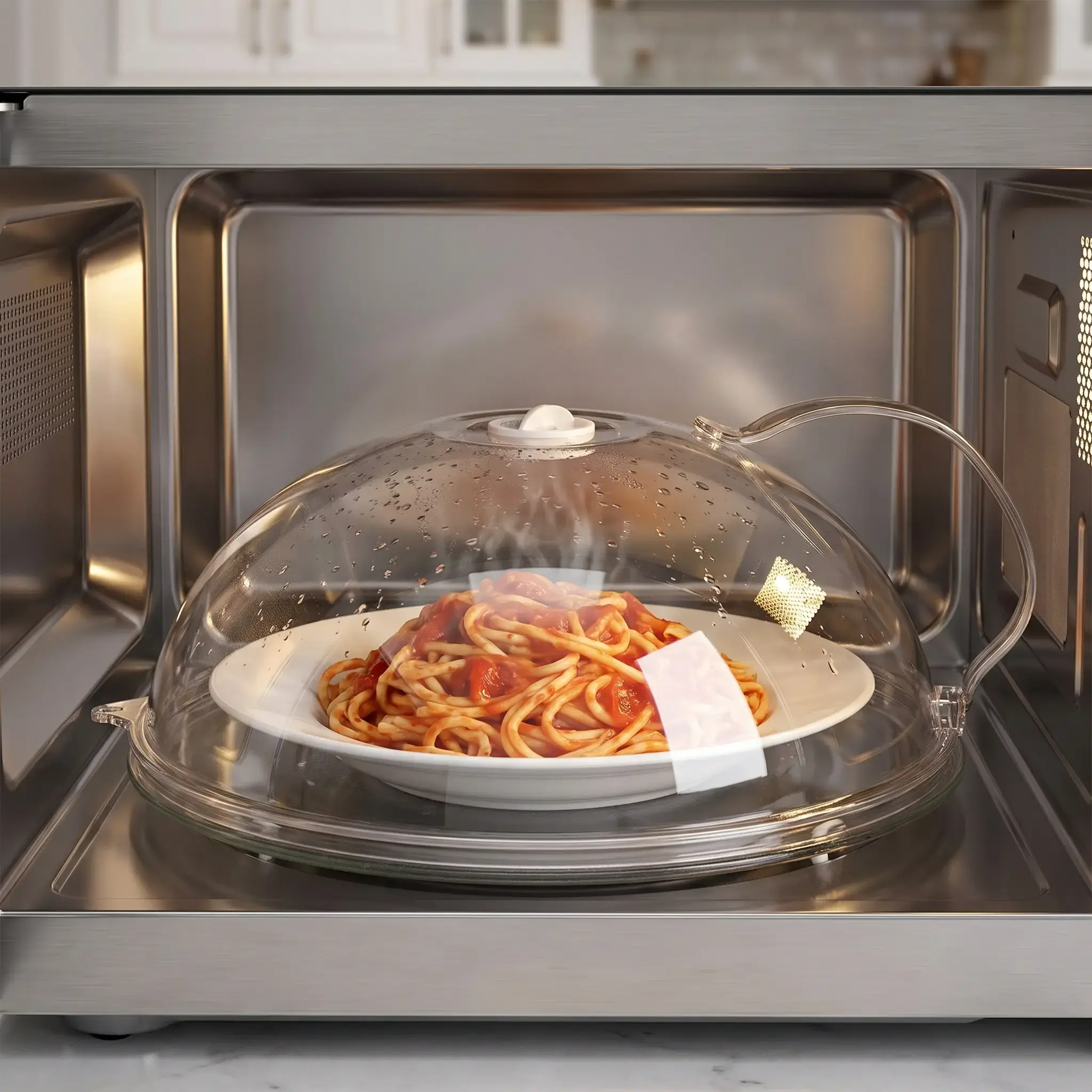 【Summer Sale Deals】Transparent Microwave Splatter Cover with Steam Vent & Handle, 31cm Dustproof Clear Food Plate Cover for Kitchen Heating
