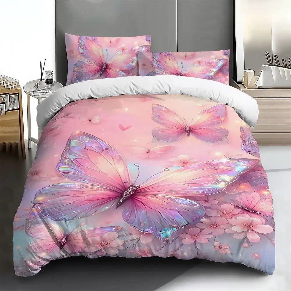 Bedding set, Butterfly Printed Bedding Set - 2PCS/3PCS 2D Flat Printing DreamyPink - PurpleButterflies Patterned duvet cover set (1 duvet cover + 1/2 pillowcases, no filling), suitable for family bedrooms and guest rooms